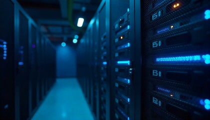 Illuminated server room hallway with rows of data racks, symbolizing technology and data storage, created with generative ai
