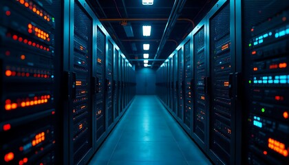 Fototapeta premium Illuminated server room hallway with rows of data racks, symbolizing technology and data storage, created with generative ai