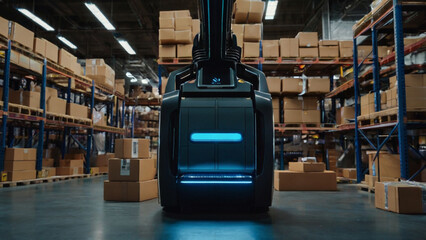 Autonomous forklift navigating a warehouse aisle, showcasing advanced automation and efficiency in logistics and supply chain management, highlighting the future of warehouse operations