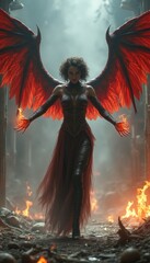 Powerful woman with fiery wings in a mystical setting