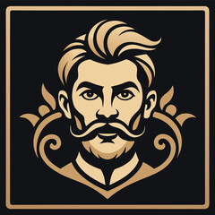 Sophisticated Bearded Man Portrait Emblem Mustache Hairdo Vector Artistic Illustration Decorative Frame Symbol Elegant Fashion Logo Template
