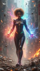 Powerful superheroine unleashing vibrant energy in a futuristic city