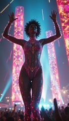 Futuristic performer illuminated by vibrant lights