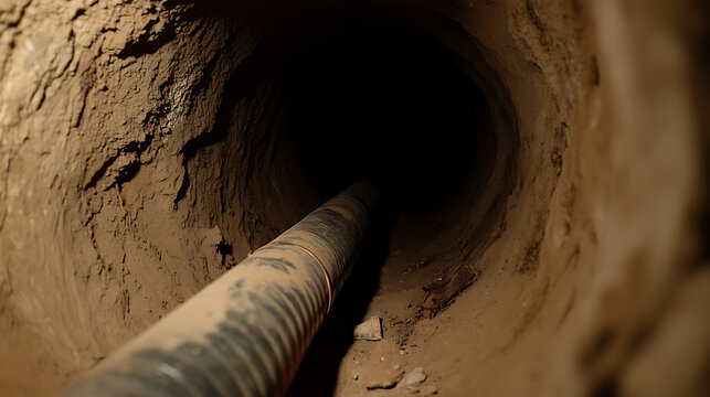 An intense close-up looking deep down a narrow, dark, earthen well with corrugated piping running through it, hinting at the unknown depths below. It evokes mystery.