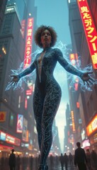 Futuristic woman with electric energy in a neon cityscape