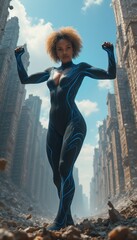 Confident woman in futuristic suit stands tall in a dystopian city