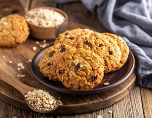 Oatmeal cookies with dried cranberries and a bowl of oats