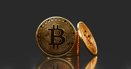 Two Bitcoin Coins Standing On Reflective Surface