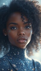 Stunning portrait of a young Black woman with cosmic-themed makeup