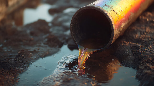 A pipe releases a colorful, viscous liquid onto a muddy surface, creating a pool. Reflections dance on the surface, raising concerns about pollution and environmental damage.