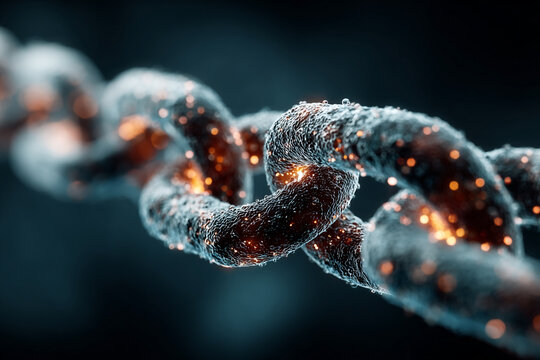 Cryptocurrency and blockchain network illustration. Connected blocks and data nodes representing decentralized technology on light blue background.