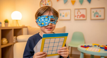 Little boy child wearing an eye patch and playing a game. Vision therapy and treatment for pediatric amblyopia. Kids eyesight health check.