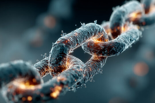 Abstract visualization of blockchain network and decentralized digital ledger. Modern tech concept on light blue background for business or finance.