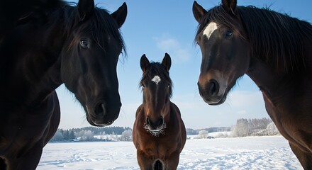 Three horses standing in snowy field under blue sky during daytime