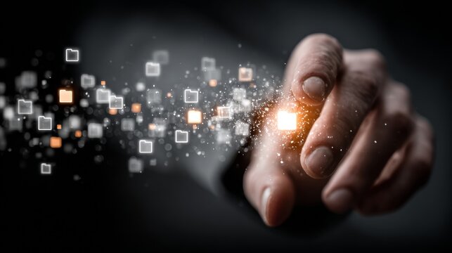 Digital Transformation Concept With Business Person Finger Interacting With Abstract Data Stream