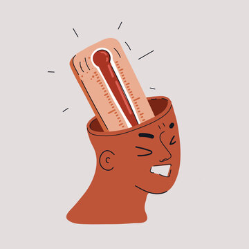 Cartoon vector illustration of a man with a thermometer inside his head, symbolizing anger rising like heat under pressure