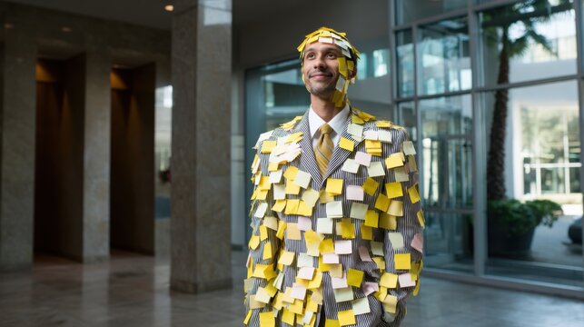 A businessman wearing an outfit made entirely of yellow and white sticky notes, standing in the lobby of his office building with a confident smile on his face. 