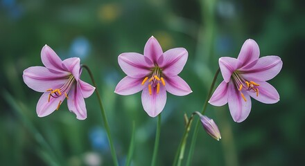Three pink star shaped flowers against blurred green background