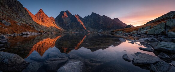 Obraz premium Mountain range reflected in calm lake during sunset sky landscape view