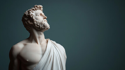 A classic marble sculpture stands against a dark background, looking upwards. The art piece is a bust that captures the beauty of ancient art, making it a striking visual masterpiece.