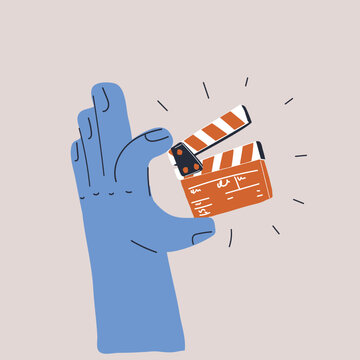 Cartoon vector illustration of a hand holding a clapperboard, symbolizing creativity as the start of a cinematic journey