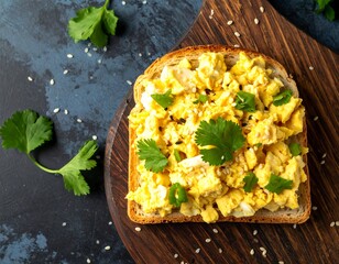 Open-faced sandwich of scrambled eggs on toast, garnished with herbs