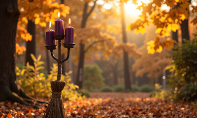lone broomstick stands warm golden autumnal backdrop wooden handle adorned glowing purple