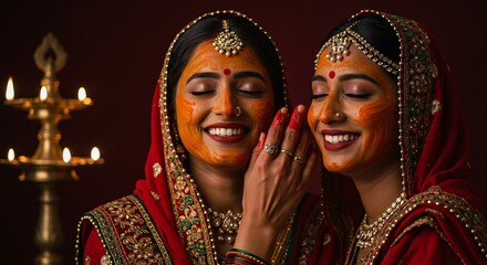Vibrant Indian women sharing joyful Holi celebration with bright colors and traditional attire, radiating festive happiness and cultural beauty during spring