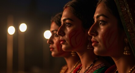 Mystical Indian women adorned with traditional red paint, creating a vibrant and captivating cultural portrait of heritage and beauty, perfect for editorial use