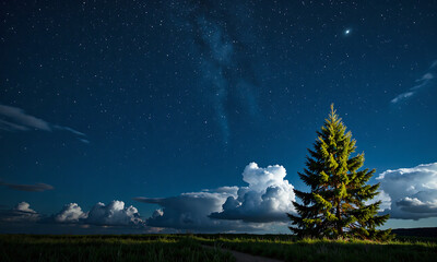lone christmas tree stands alone vast starry night sky soft diffused natural light silhouetted