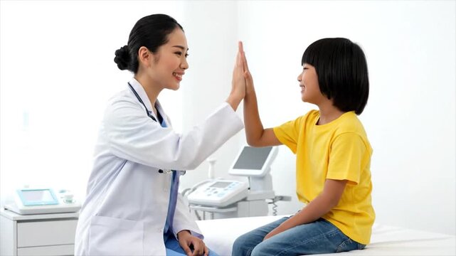 Indian doctor celebrating health with a young patient high-five moment
