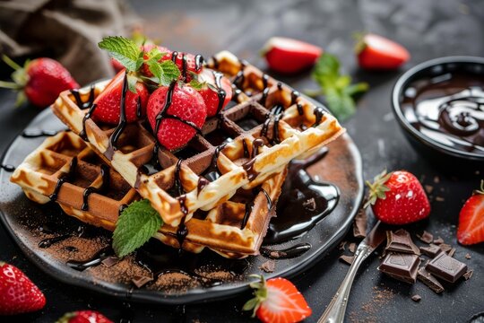 Golden waffles topped with rich chocolate drizzle and vibrant strawberries, set on rustic wooden table creating cozy ambiance. Neural network AI generated