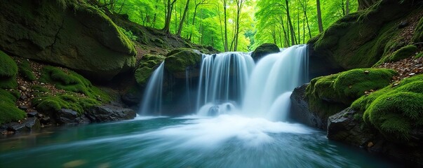 Serene Timelapse Magical Waterfall Cascading Over Mossy Rocks in Lush Green Forest