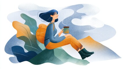 Fototapeta premium Woman Sitting on Mountain with Mug and Backpack