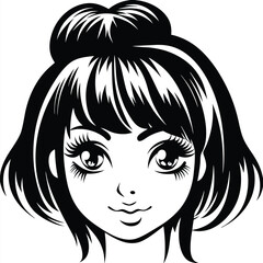 Young woman's face shows big eyes and dark hair in the blackandwhite drawing