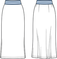 Skirt fashion illustration front view, fitted and flared silhouette comparison, waistband detail, garment construction sketch, apparel design template