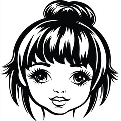 Monochrome girl face with a hairstyle showcasing a sleek bun and detailed eyelashes