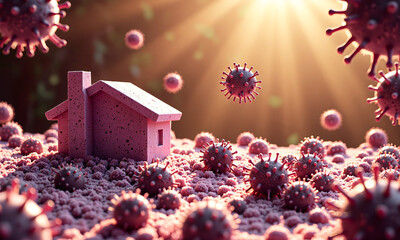 pink house stands isolated warm golden light surrounded dense network microscopic virus