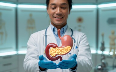 doctor holding a glowing 3D model of Pancreas, for diabetes awarness