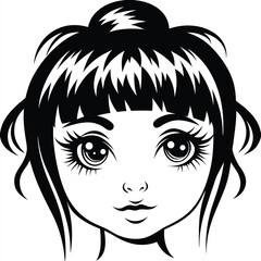 Young woman face with big eyes and stylish black hair looks appealing