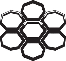 Abstract geometric pattern resembling a honeycomb structure with seven interconnected hexagonal frames creating a symmetrical flower like arrangement isolated on white background.