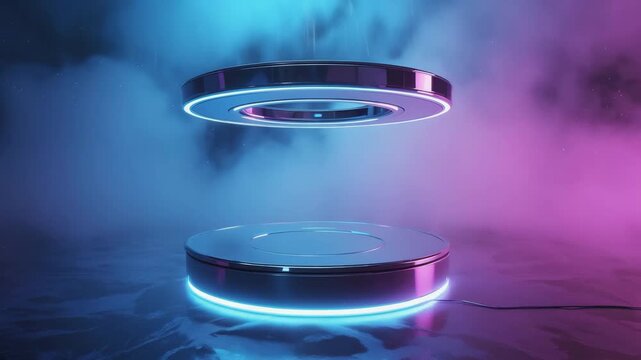 Floating Glass Platform with Neon Blue Light in Futuristic Environment