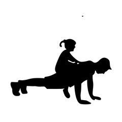 Vector illustration of a man doing push ups with a child on his back silhouette