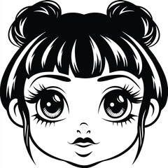 Fototapeta premium Stylized face of a girl with buns and large eyes is visible in black and white