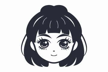 Stylized monochrome face depicts a charming young girl with big expressive eyes