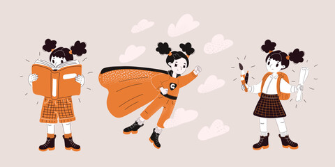 Cartoon vector illustration of a little schoolgirl reading, flying in a superhero costume, and holding a paintbrush, symbolizing childhood curiosity as exploring the world through learning and play