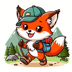 Cute fox hiking cartoon vector icon illustration