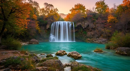 Tranquil waterfall cascading into turquoise pool surrounded by autumn trees