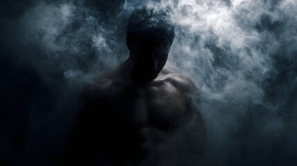 Obraz premium Muscular male torso shrouded in dramatic dark smoke highlighting power strength and intense focus in a moody atmosphere