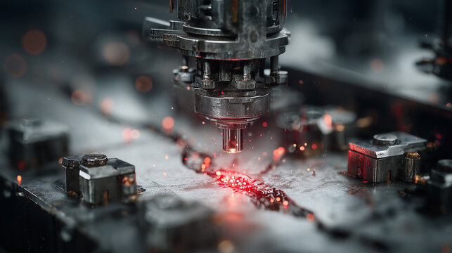 A futuristic machine with a glowing red crack being repaired, visualizing self-healing technology.